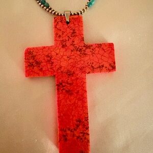 Vibrant Red Cross and Turquoise Necklace